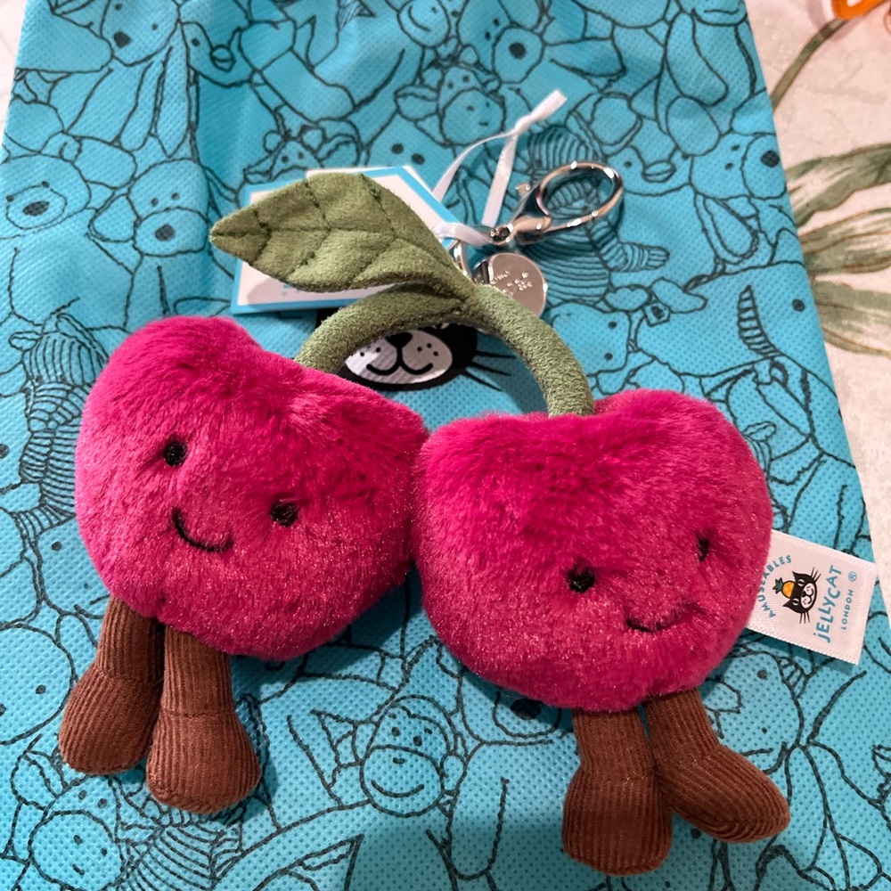 Jellycat Plush Cherry Keychain with Smiling Faces